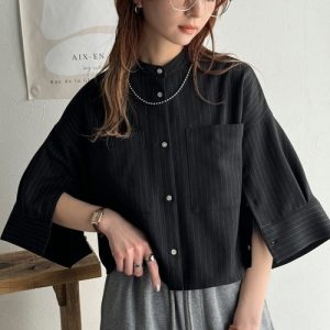 classicalelf ブラウス シャツ 大人の上品トップス。バンドカラーワイドスリーブショート丈ストライプシャツ(半袖) レディース