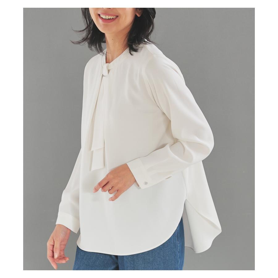 Honeys トップス ブラウス 長袖 ボウタイブラウス ボウタイ チュニック丈 無地 再生ポリエ ハニーズ チュニック丈ボウタイ - 画像 (4)