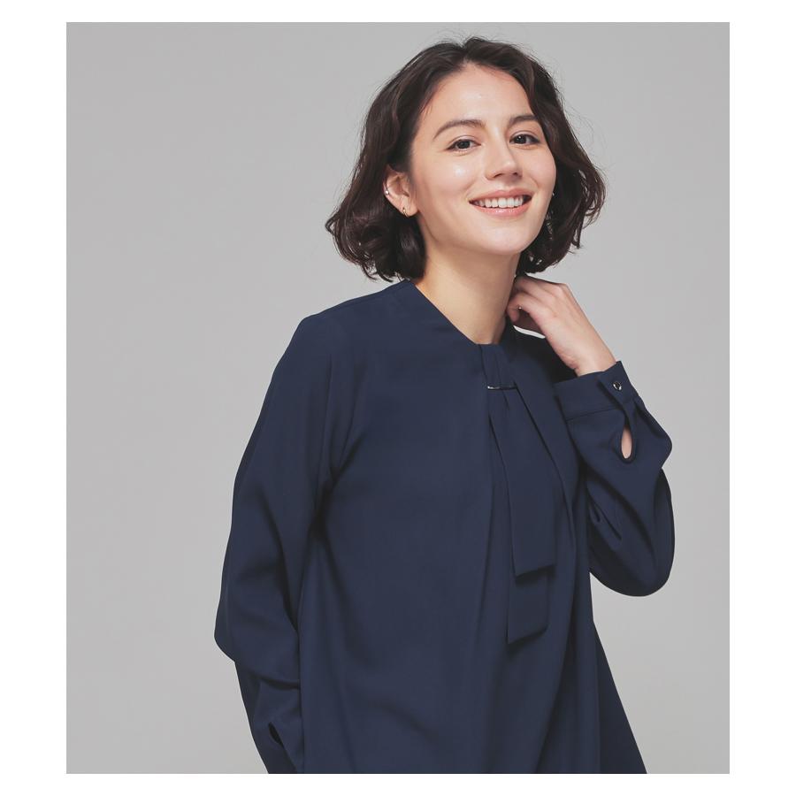 Honeys トップス ブラウス 長袖 ボウタイブラウス ボウタイ チュニック丈 無地 再生ポリエ ハニーズ チュニック丈ボウタイ - 画像 (7)