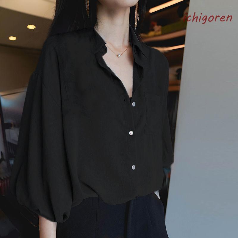 シャツ ブラウス レディース シフォン 五分袖 トップス 春夏 薄手 透け感 アウター ゆったり 体型カバー 着痩せ 通勤 OL オフィス - 画像 (3)