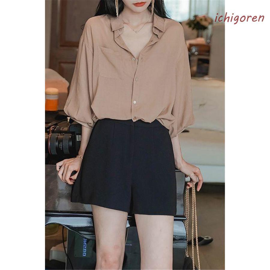 シャツ ブラウス レディース シフォン 五分袖 トップス 春夏 薄手 透け感 アウター ゆったり 体型カバー 着痩せ 通勤 OL オフィス - 画像 (8)