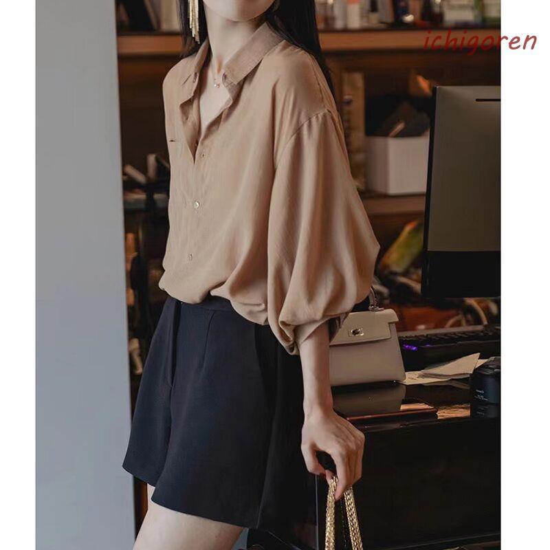 シャツ ブラウス レディース シフォン 五分袖 トップス 春夏 薄手 透け感 アウター ゆったり 体型カバー 着痩せ 通勤 OL オフィス - 画像 (9)