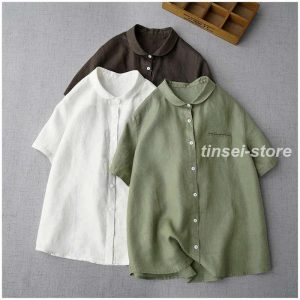 []  シャツ レディース 夏 半袖 ブラウス 綿麻風 丸襟 薄手 トップス 前開き きれいめ お洒落 大人 可愛い シンプル カジュアル 無地 オフィス フォー